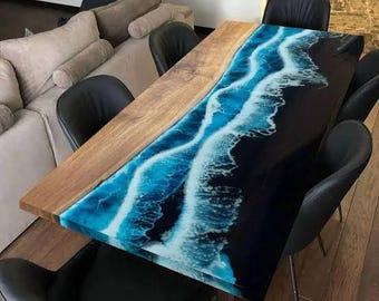 Mesa de comedor de madera de acacia con borde natural, hecha a mano, con diseño de río epoxi y océano