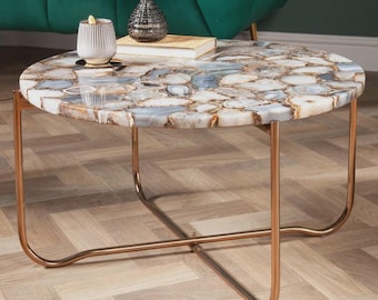 Round Agate Coffee Table Top | Artisan Gemstone Mosaic Furniture | (Customizable)