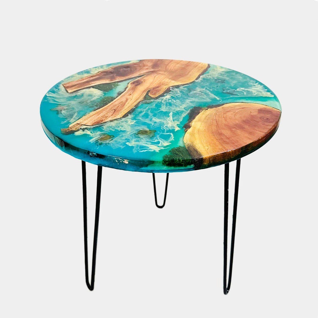Round Acacia Ocean Epoxy Table Top | Turquoise Wave Coffee & Dining ...