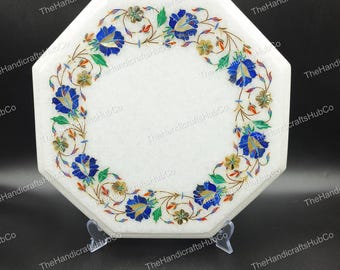 Plato decorativo con incrustaciones de mármol: Plato floral octagonal de Pietra Dura, 30 cm
