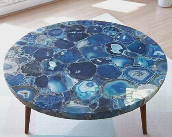 Centro de mesa redondo de ágata azul / Centro de mesa con piedra preciosa y tapa de cristal natural / (Personalizable)