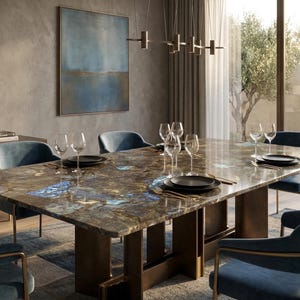 Rectangular Labradorite Dining Table Top | Gemstone Brown Blue Flash Stone Top | Luxury Handcrafted | (Customisable)