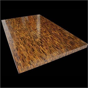 May include: A rectangular tabletop with a polished surface, showcasing a mosaic pattern of warm brown and gold tones. The design resembles tiger eye stone, with a glossy finish. The edges are clean and straight, set against a black background.