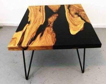 Handmade Black Epoxy River Table Top | Acacia Wood Resin Art | (Customisable)