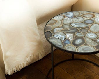 Natural Geode Accent Table Top | Round Grey Agate Side Top | (Customizable)