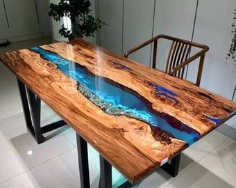 手作りのアカシア材製リバーテーブルトップ｜ブルーエポキシ樹脂仕上げのライブエッジトップ｜（カスタマイズ可能）