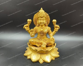 Handmade Brass Lakshmi Statue | 8 Inch Hindu Goddess on Lotus
