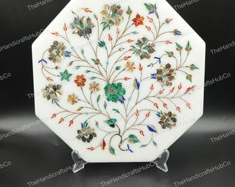 Placa de pared con incrustaciones de mármol octogonales / Arte floral, decoración de lujo para el hogar (30 cm)