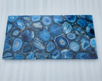 Mesa de centro de comedor con piedra preciosa de ágata azul, rectangular, hecha a mano, con decoración de cristal de lujo (personalizable).
