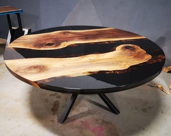 Round Acacia Wood Black Epoxy Table Top | Coffee Dining Table | (Customisable)