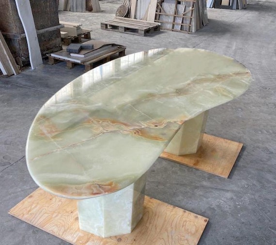 Handmade Oval Green Onyx Table Top | Dining Table | Natural Stone Gemstone | (Customisable)