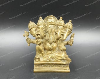 Brass Panchmukhi Ganesha Idol | Handmade Hindu Decor, 4 Inch