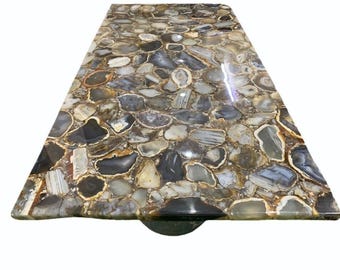 Rectangular  Brown & Grey Agate Table Top | Handmade Gemstone Dining Slab | (Customizable)