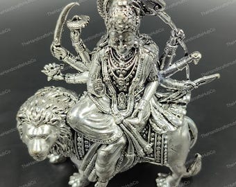 Silver Brass Durga Maa Idol (4 Inch) | Handmade Warrior Goddess Statue
