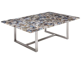 Rectangular Grey Blue Agate Coffee Table Top | Crystal Stone Slab | (Customizable)
