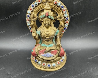 Brass Lakshmi Gemstone Inlay | 8 Inch | Handmade Goddess Idol Prosperity & Wealth Statue | Spiritual Gift