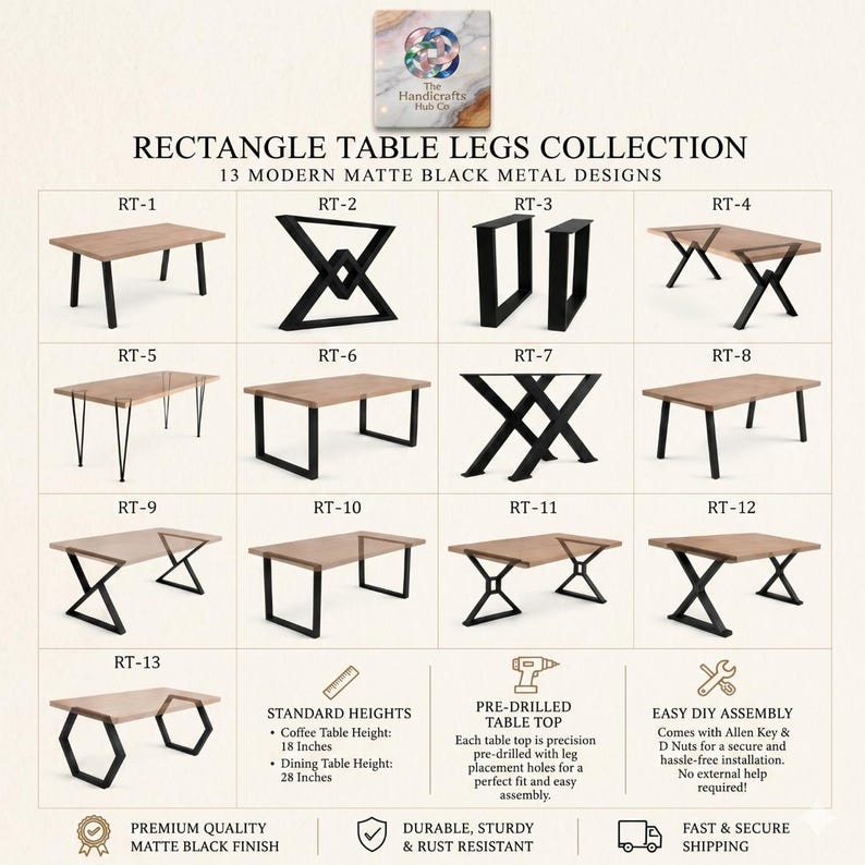 May include: A collection of 13 matte black metal table leg designs labelled RT-1 through RT-13, featuring various geometric shapes. The image includes text stating Rectangle Table Legs Collection, standard heights of 45.7 cm and 71.1 cm.