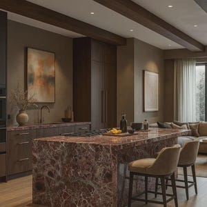 Puede incluir: Una cocina moderna con una gran isla con encimera de mármol rojo. Los armarios de madera oscura y una placa para salpicaduras a juego complementan la isla. Dos taburetes de bar tapizados están colocados en la isla. Una pintura y un jarrón con flores secas añaden elementos decorativos.