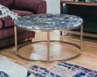 Plateau de table basse en pierre naturelle | Plateau rond en agate bleue | (Personnalisable)