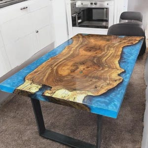 Epoxy River Table Top with Blue Resin | Live Edge Wood Slab | Handmade Artisan Table Surface | Unique Home & Office Décor (Customisable)