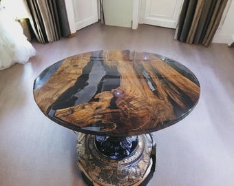 Handmade Acacia Wood Epoxy Table Top | Black Resin River, High Gloss