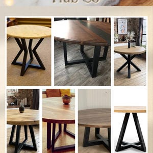 May include: A collection of round wooden tables with black metal bases in various designs. Text includes The Handicrafts Hub Co, Standard Heights: Coffee Table Height 18 inches, Dining Table Height 28 inches, Pre-Drilled Table Tops, and Easy DIY Assembly.