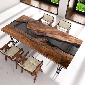 Clear Black Acacia Wood Epoxy Dining Table Top | Coffee Table Top | Handmade Solid Wood Table Top | Luxury Dining Furniture (Customizable)