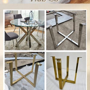 May include: A set of metal table legs featuring a cross-base design. The image displays silver, gold, and brass-colored finishes, showing the legs supporting a glass-topped table. Text includes The Handicrafts Hub Co, Standard Heights, Pre-Drilled Table Tops, and Easy DIY Assembly with 18-inch and 28-inch height specifications.