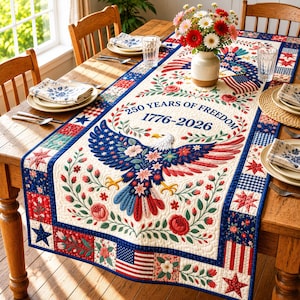 May include: A quilted table runner featuring a central bald eagle graphic with floral patterns, the text 250 YEARS OF FREEDOM 1776-2026, and a border of red, white, and blue stars, stripes, and floral motifs on a cream-colored fabric background.