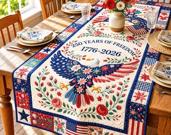 America 250 Years Of Freedom Table Runner, USA 250th Anniversary Quilt Tablecloth, 1776 - 2026 Patriotic Dining Decor, 4th Of July Decor