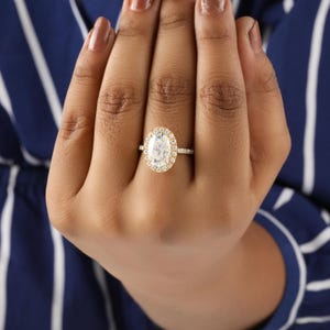 Moissanite Half Eternity Engagement Ring: Yellow Gold Pave Halo