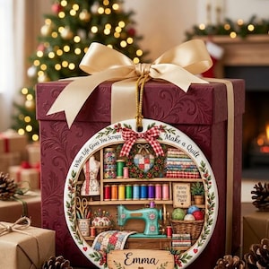 May include: A round ceramic ornament featuring a sewing room illustration with a teal sewing machine, spools of thread, and fabric scraps. The text reads When Life Gives You Scraps Make a Quilt, Fabric is my Happy Place, and Emma.