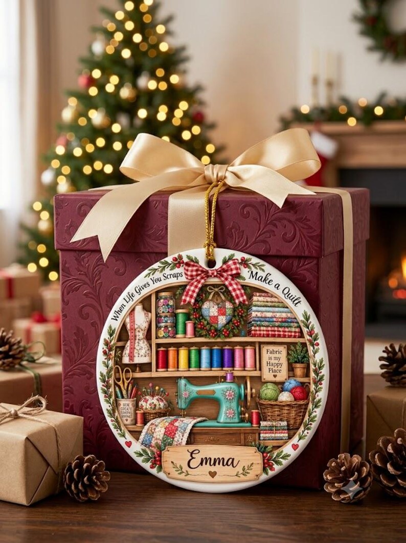 May include: A round ceramic ornament featuring a sewing room illustration with a teal sewing machine, spools of thread, and fabric scraps. The text reads When Life Gives You Scraps Make a Quilt, Fabric is my Happy Place, and Emma.