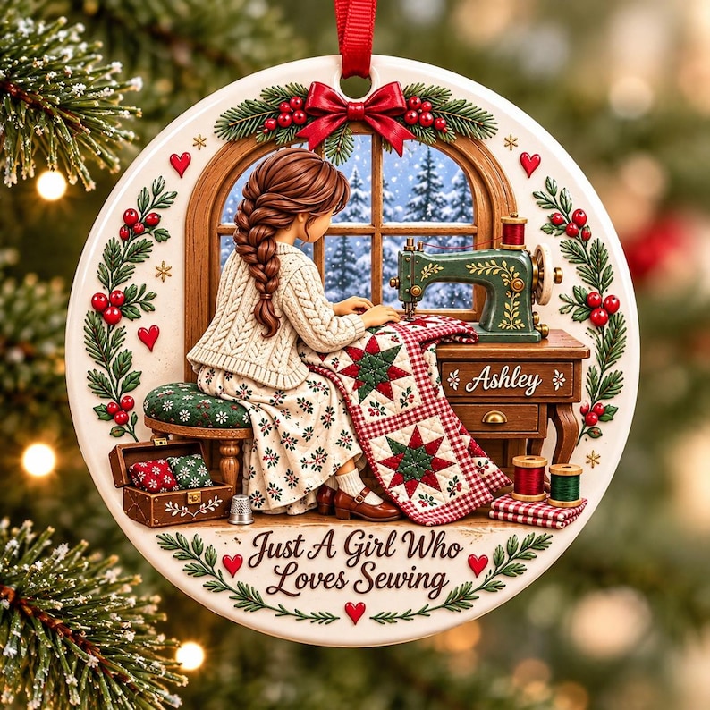 May include: A round ceramic ornament featuring a person with a braided hairstyle sewing a quilt at a wooden desk. The scene includes a green sewing machine, a sewing box, and the text "Ashley" and "Just A Girl Who Loves Sewing".