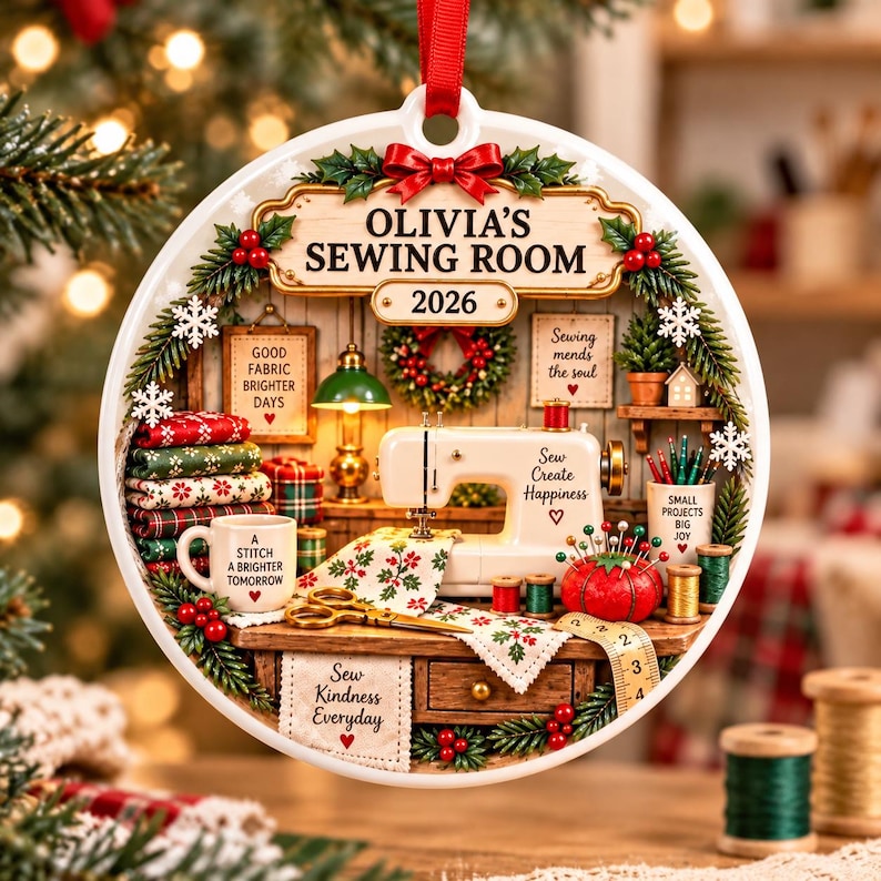 May include: A round white Christmas ornament featuring a sewing room scene with a sewing machine, fabric stacks, a mug reading A STITCH A BRIGHTER TOMORROW, a red pincushion, and text reading OLIVIA'S SEWING ROOM 2026, Sew Create Happiness, and Sew Kindness Everyday.