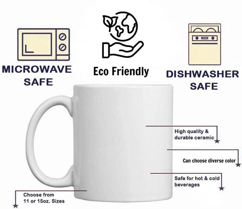 May include: A white ceramic mug with a curved handle. The mug is labeled "Microwave Safe" and "Dishwasher Safe." Text indicates the mug is eco-friendly, can be chosen in 11 or 15 oz sizes, and is safe for hot and cold beverages. The mug is made of high-quality, durable ceramic.
