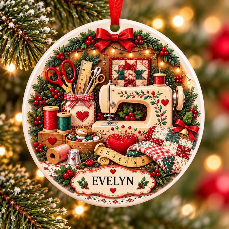 May include: A round ceramic Christmas ornament featuring a sewing theme with a vintage sewing machine, red scissors, spools of thread, a heart-shaped pincushion, a measuring tape, and a quilt. The name EVELYN is printed on a decorative label.
