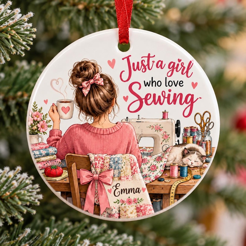 May include: A round white ceramic ornament featuring an illustration of a person with a bun hairstyle sitting at a desk with a sewing machine, a cat, and sewing supplies. The text reads Just a girl who love Sewing and the name Emma.