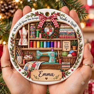 May include: A round ceramic ornament featuring a sewing room illustration with a teal sewing machine, colorful thread spools, fabric stacks, and a heart-shaped wreath. The text reads When Life Gives You Scraps Make a Quilt, Fabric is my Happy Place, Sew Create Inspire Repeat, and Emma.