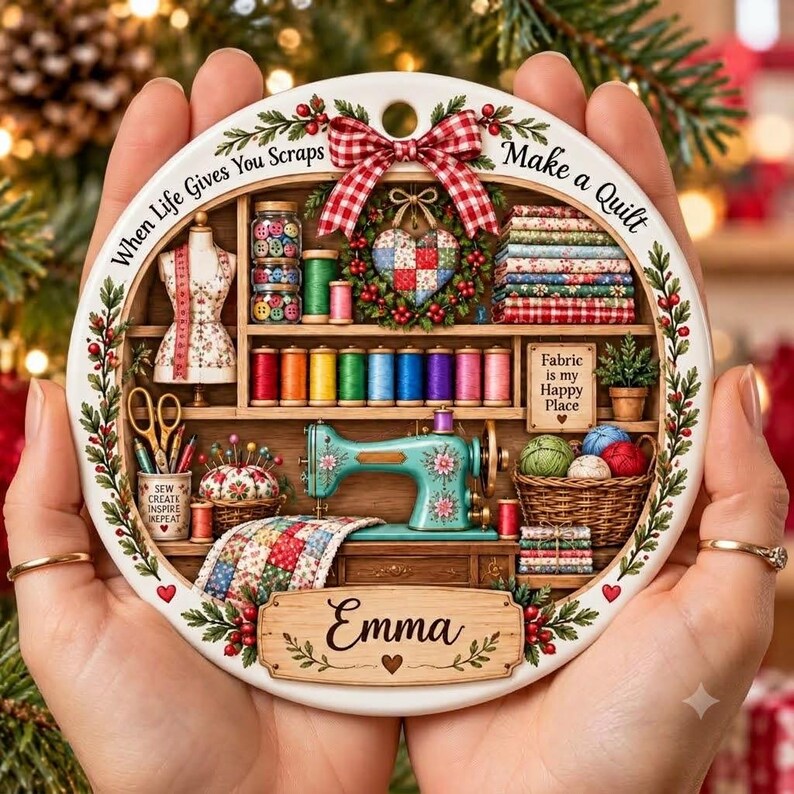 May include: A round ceramic ornament featuring a sewing room illustration with a teal sewing machine, colorful thread spools, fabric stacks, and a heart-shaped wreath. The text reads When Life Gives You Scraps Make a Quilt, Fabric is my Happy Place, Sew Create Inspire Repeat, and Emma.