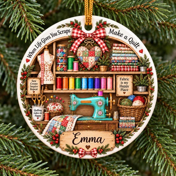 Personalized Quilter Christmas Ornament, Ceramic Sewing Ornament, Quilting Gift for Her, Custom Name Ornament, Seamstress Gift 2026