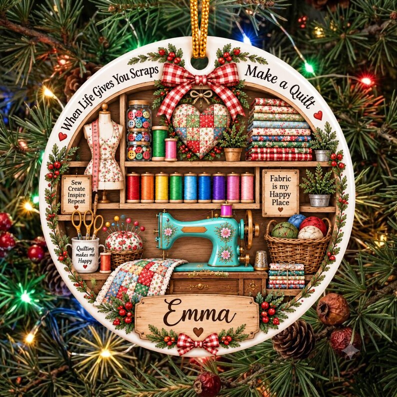 May include: A round ceramic ornament featuring a sewing room scene with a teal sewing machine, colorful thread spools, fabric stacks, and a mannequin. Text reads: When Life Gives You Scraps Make a Quilt, Sew Create Inspire Repeat, Fabric is my Happy Place, and Emma.