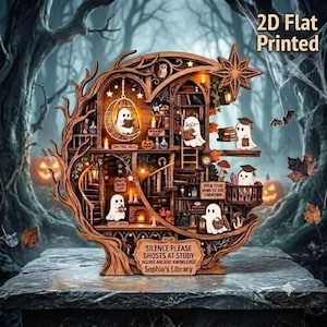 May include: A crescent moon-shaped wooden display featuring multiple levels of a library filled with ghosts, books, and pumpkins. The sign reads: SILENCE PLEASE GHOSTS AT STUDY AQUIRE ANCIENT KNOWLEDGE Sophia's Library. It has a 2D flat printed design.