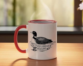 Stupid Canadian Wolf Bird Mug, 15oz Ceramic Mug, Canadian Wildlife Humor Coffee Cup, Heated Rivalry, Hockey Romance LGBT Mugs
