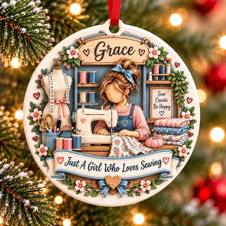 May include: A round ceramic ornament featuring a sewing theme with the name Grace, a person using a sewing machine, a dress form, spools of thread, and a sign that reads Sew Create Be Happy and Just A Girl Who Loves Sewing.
