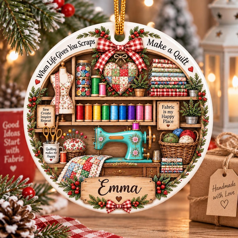 May include: A round ceramic ornament featuring a sewing room scene with a teal sewing machine, colorful thread spools, a mannequin, and a quilt. The text reads When Life Gives You Scraps Make a Quilt, Fabric is my Happy Place, and Emma.