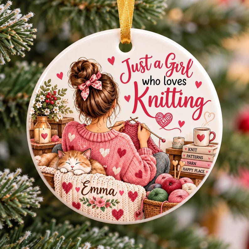 May include: A round white ceramic ornament featuring a person with a brown bun hairstyle and a pink heart-patterned sweater knitting. The text reads Just a Girl who loves Knitting and Emma. A sleeping orange cat, yarn balls, and books are visible.