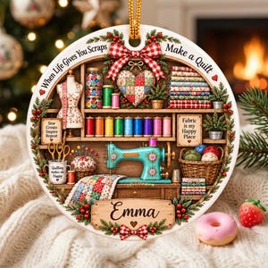 May include: A round ceramic ornament featuring a sewing room scene with a teal sewing machine, spools of thread, fabric stacks, and a mannequin. Text reads: When Life Gives You Scraps Make a Quilt, Sew Create Inspire Repeat, Fabric is my Happy Place, and Emma.