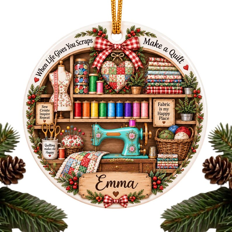 May include: A round ceramic ornament featuring a sewing room scene with a teal sewing machine, spools of thread, fabric stacks, and a mannequin. The text reads When Life Gives You Scraps Make a Quilt, Fabric is my Happy Place, and Emma.