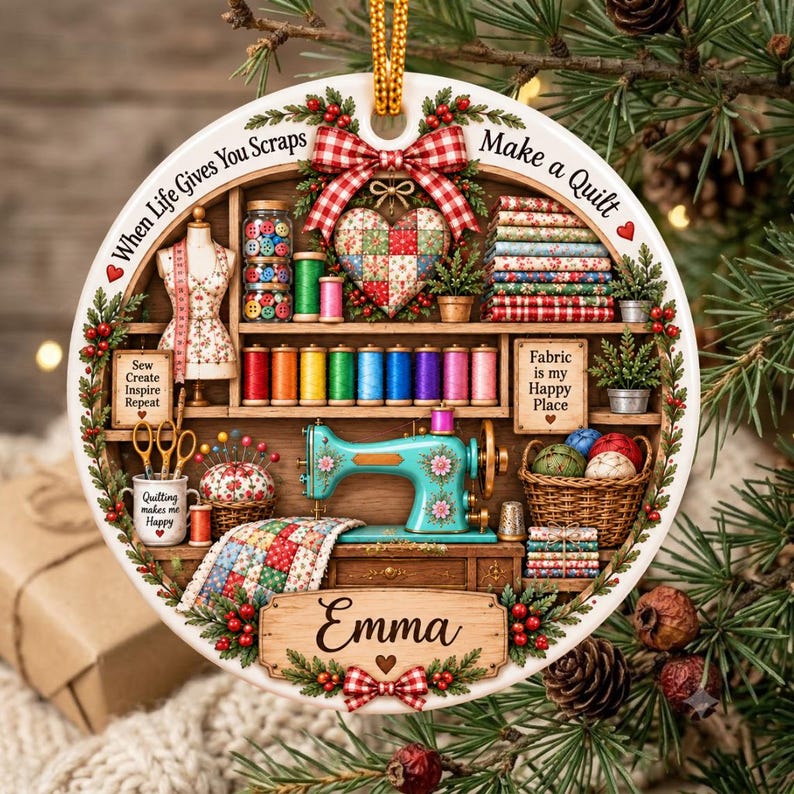 May include: A round ceramic ornament featuring a sewing room scene with a teal sewing machine, spools of thread, a mannequin, and a basket of yarn. The text reads When Life Gives You Scraps Make a Quilt, Sew Create Inspire Repeat, Fabric is my Happy Place, and Emma.
